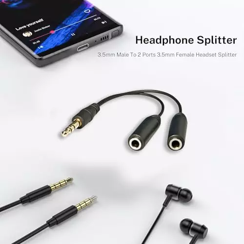 PremiumAV 3.5 mm Audio Jack Splitter Cable Adapter Stereo Male to Dual Female Headphone & Mic Y Splitter AUX Extension Cord for Mobile, Laptop, PC, Tablet