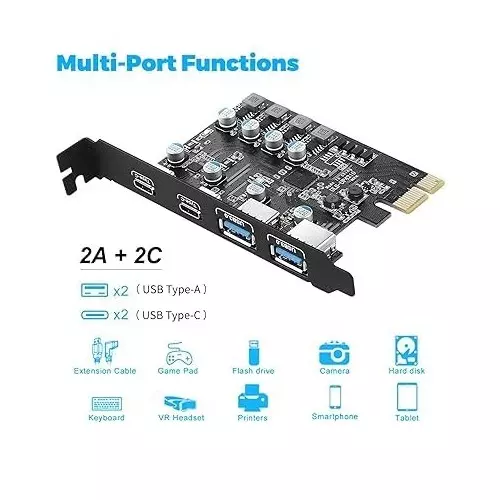 Mak World PCI Expree to USB Expansion Card 4 Ports Type-A and 2 USB Type-C Ports Black