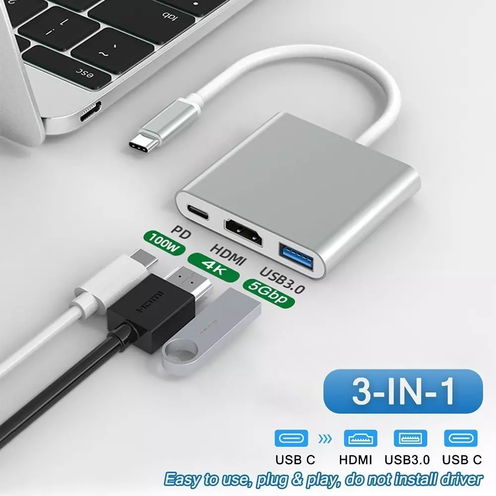 LOTA 3-in-1 USB-C to HDMI+USB+Power Adapter Silver & White 4K UHD Support, MST-1350-LT