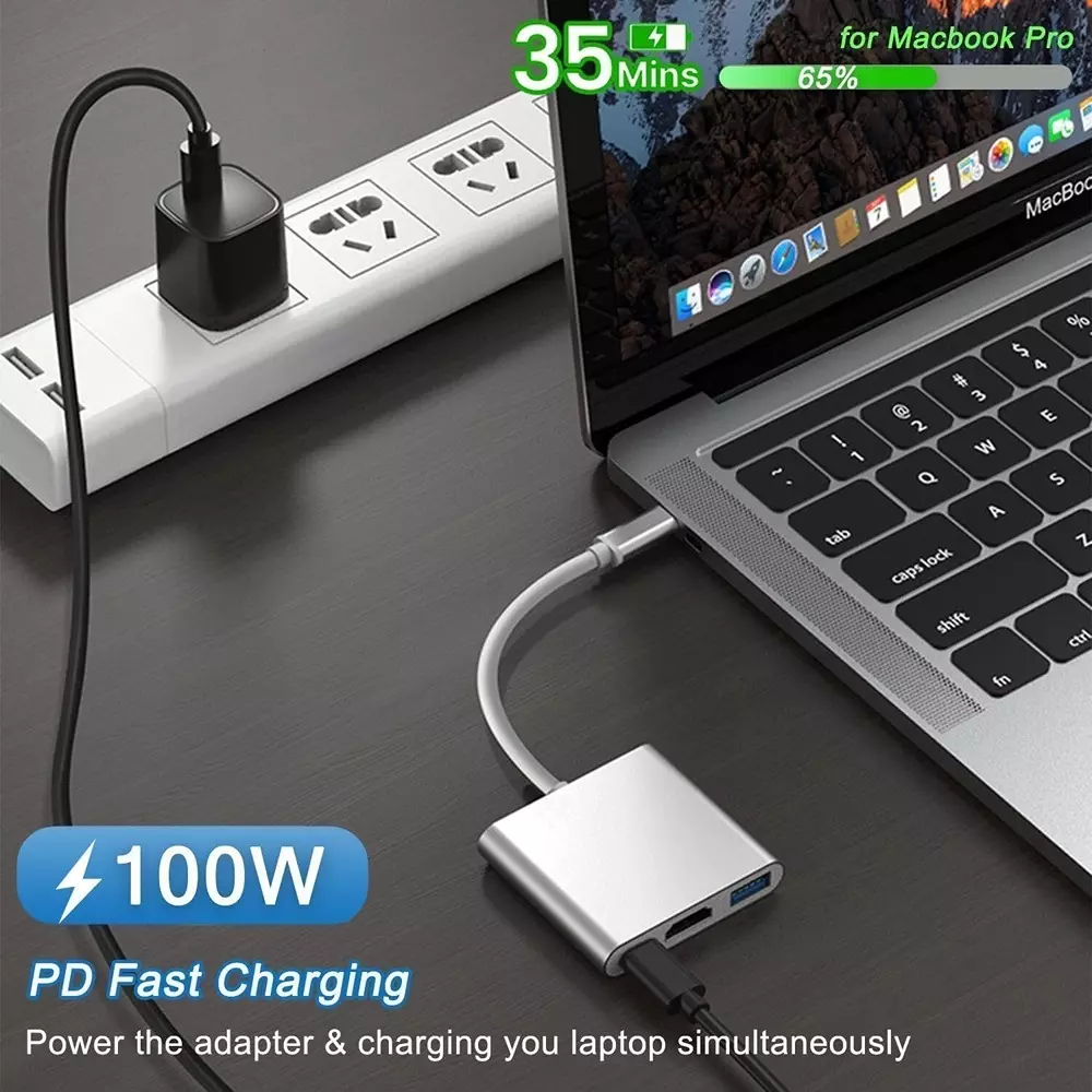 LOTA 3-in-1 USB-C to HDMI+USB+Power Adapter Silver & White 4K UHD Support, MST-1350-LT