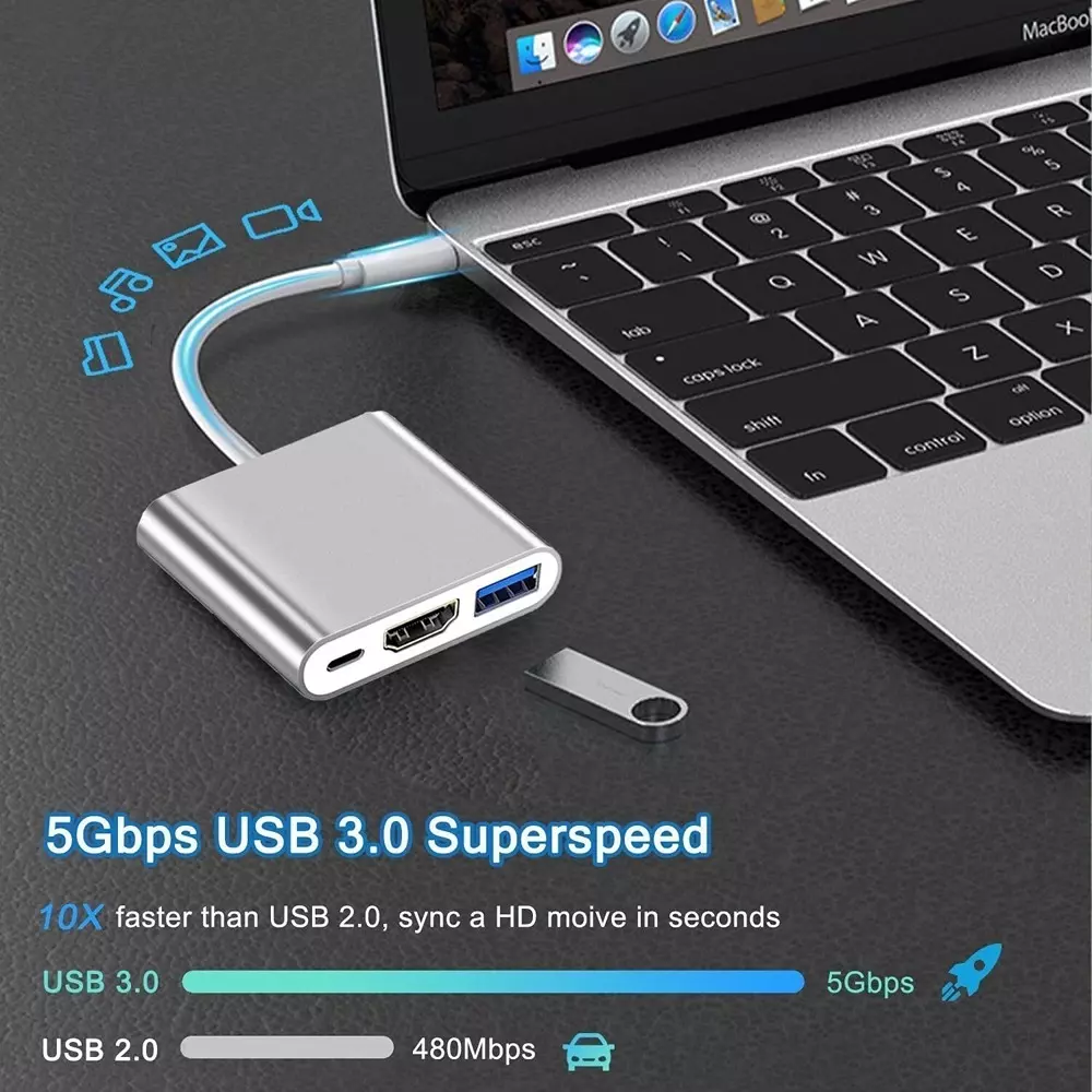 LOTA 3-in-1 USB-C to HDMI+USB+Power Adapter Silver & White 4K UHD Support, MST-1350-LT