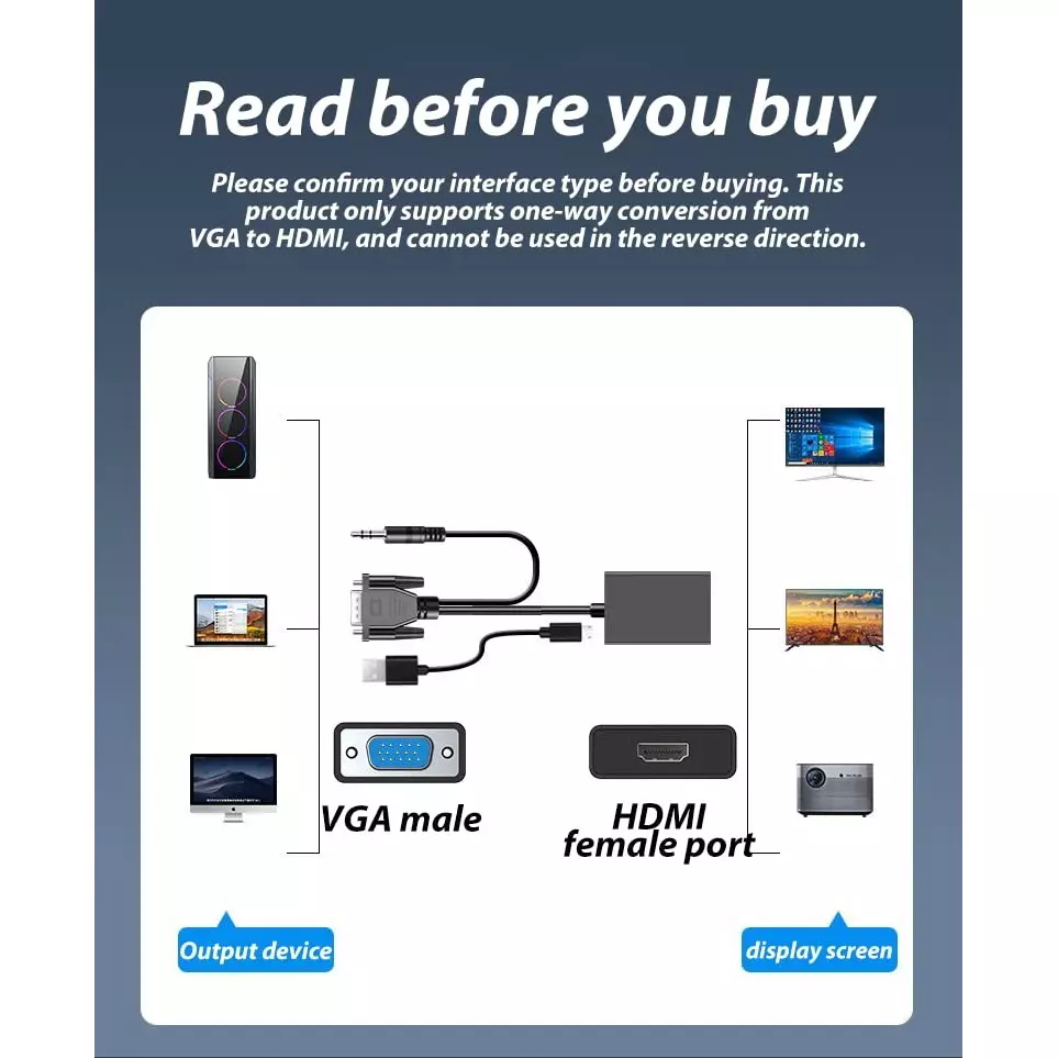 LOTA VGA Male to HDMI Female Adapter with 3.5 mm Audio Cable Supports 1080p Full HD, MST-1691-LT