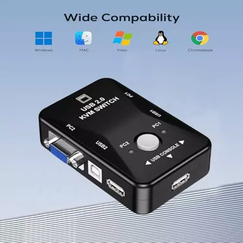 PremiumAV 2-Port USB 2.0 KVM Switch Box Control 2 Computers with 1 USB Keyboard & Mouse for PC, Laptop, Desktop, Monitor, Printer, Video Sharing