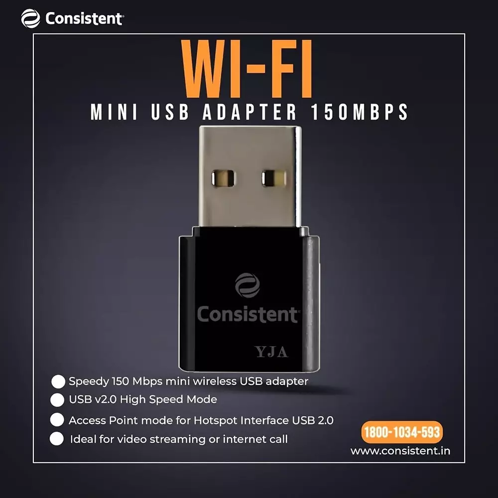 Consistent WiFi Mini USB Adapter 300Mbps Data Transfer Rate With 2.4 GHz Bandwidth Black