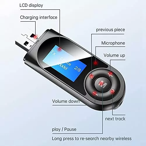 amiciSmart Bluetooth 5.0 Transmitter & Receiver AUX Wireless Dongle with LCD Display & Mic for Car, Smartphone & Laptop, 1xBLUETOOTH-DIS