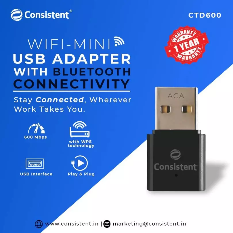 Consistent WiFi Mini USB Adapter 600Mbps Data Transfer Rate With 2.4 GHz Bandwidth Black