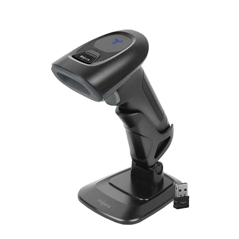 FINGERS Wireless Barcode Reader 1200 mAh Lithium Battery 20% Print Contrast USB Interface Beeper, LED Indicator 200 Scans/Sec Scan Rate Black + Red Color, 2D-QuickScan WL15