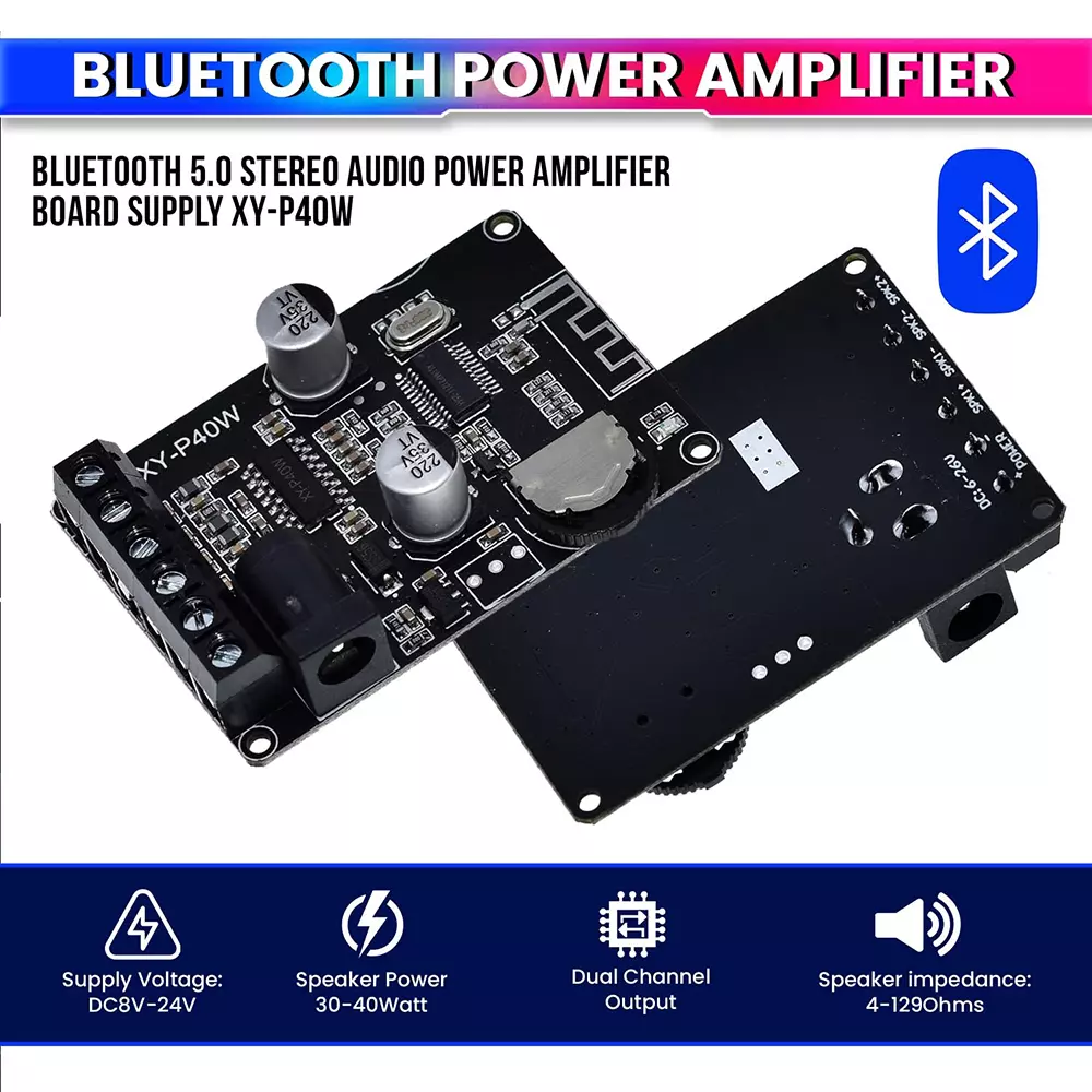 amicisound Mini Amplifier Board 40 W+40 W Dual Channel DC 8-24V DIY Speaker Black