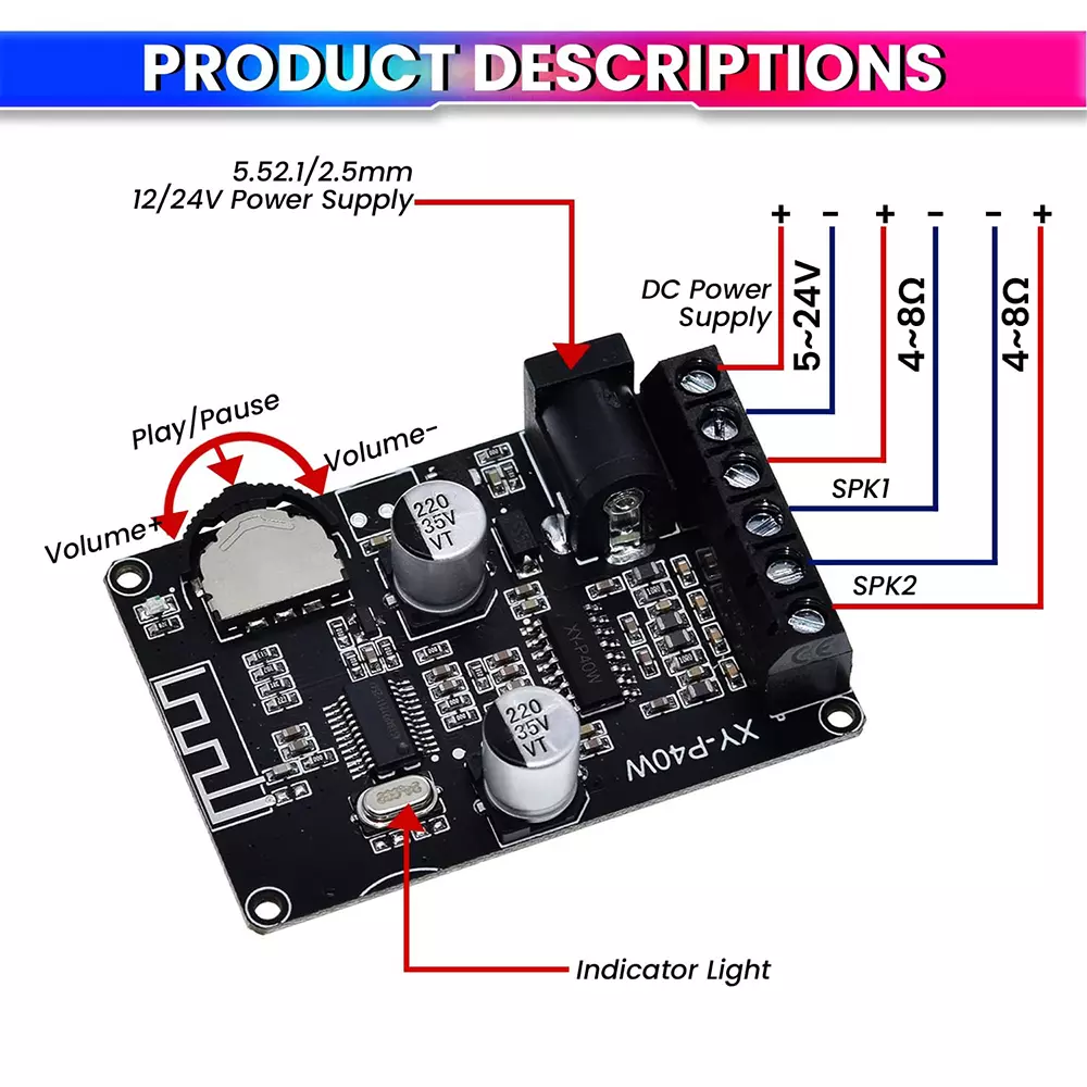 amicisound Mini Amplifier Board 40 W+40 W Dual Channel DC 8-24V DIY Speaker Black