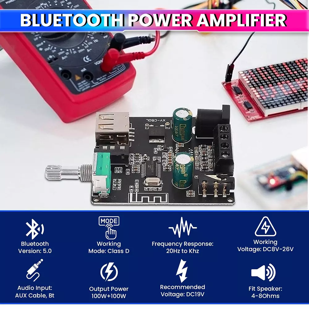 amicisound Mini Wireless Amplifier 100 W+100 W Dual Channel DC 5-26V DIY Speaker Black
