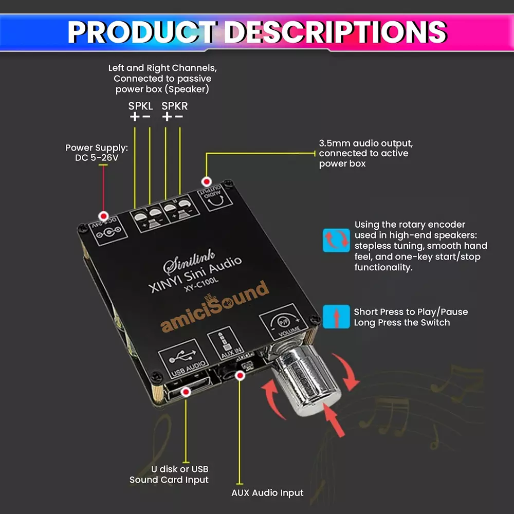 amicisound Mini Wireless Amplifier 100 W+100 W Dual Channel DC 5-26V DIY Speaker Black