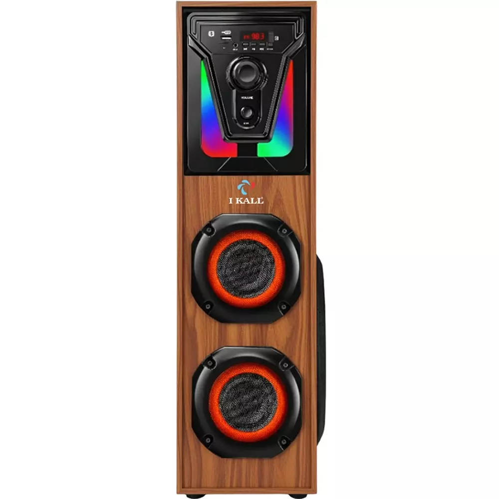 IKALL Bluetooth Tower Speaker 100 W Deep Bass Wireless Streaming & Mic Input with Dual Drivers & LED Lights, IKL-IK009TS-BRWN
