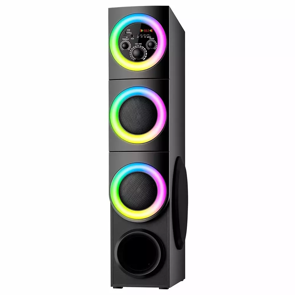 IKALL Bluetooth Tower Speaker 180 W Deep Bass Audio Wireless Streaming & Mic Support with Dual Drivers & LED Lights, IKL-IK007TS-BLK