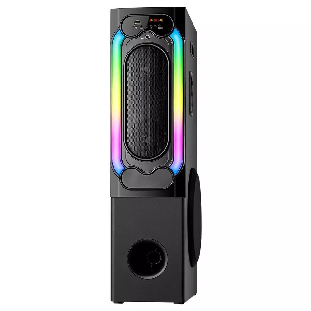 IKALL Bluetooth Tower Speaker 180 W Deep Bass Wireless Streaming & Mic Input with Dual Woofers & LED Party Lights, IKL-IK006TS-BLK