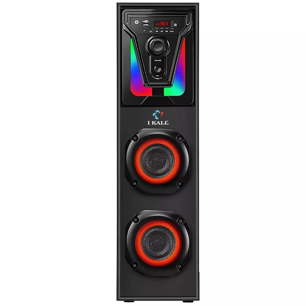 IKALL Bluetooth Tower Speaker 100 W Deep Bass Wireless Streaming & Mic Input with Dual Drivers & LED Lights, IKL-IK009TS-BLK