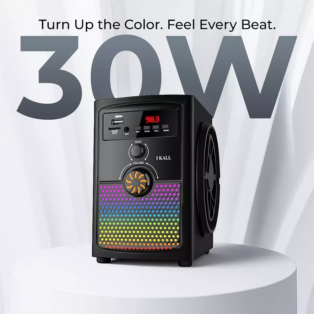 I Kall IK001 Bluetooth Home Theatre Speaker Black 30 W RGB LED Lights FM, AUX, USB Support Super Bass & Clear Sound Portable Design