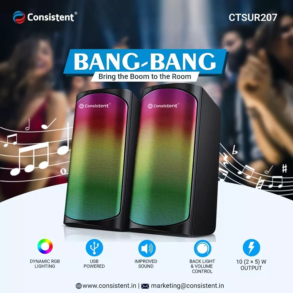 Consistent Bang Bang PC Speakers 10 (2x5) W Output Power With Dynamic RGB Lighting Black