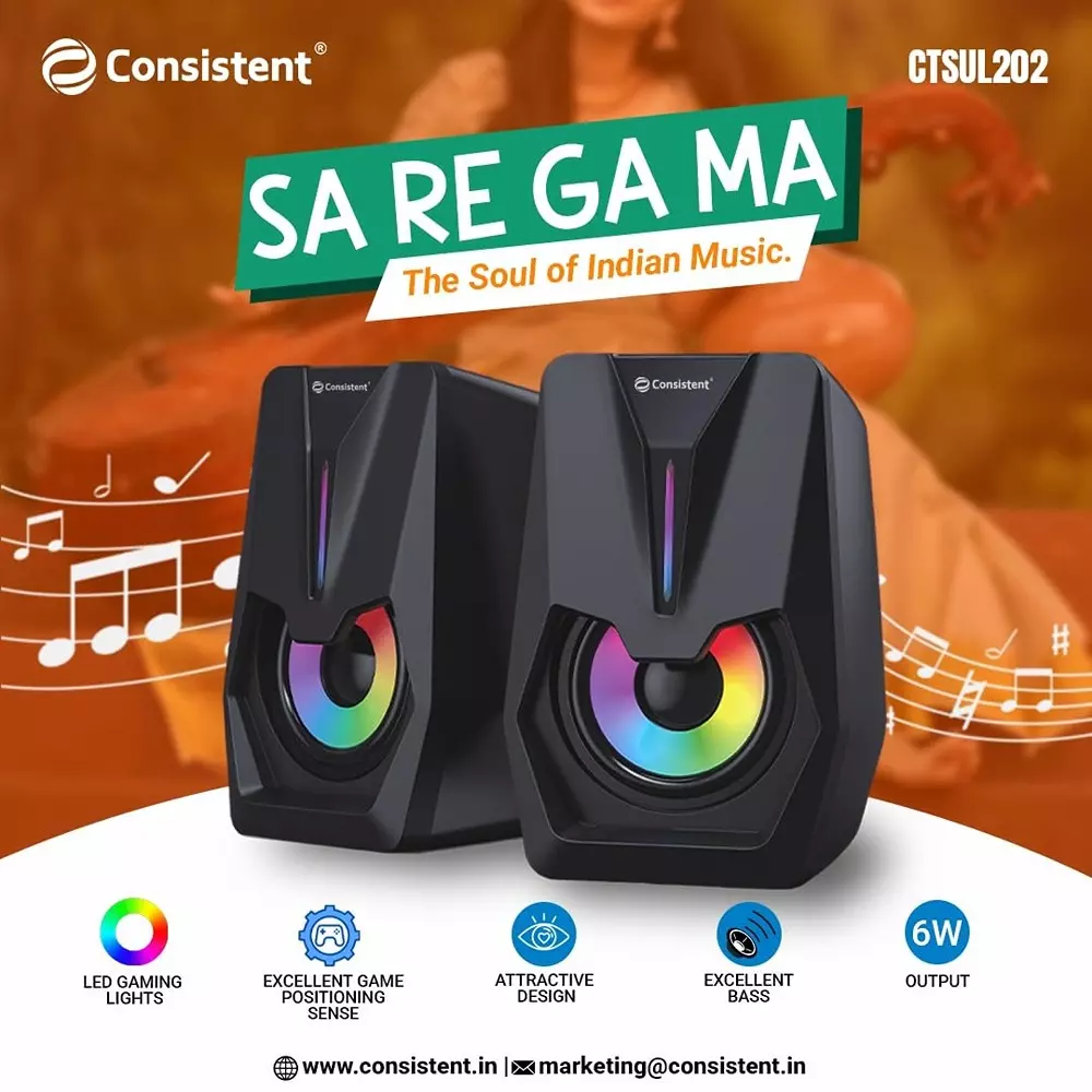 Consistent SA RE GA MA Desktop Computer Speakers 6 W Output Power With RGB Gaming Lights Black