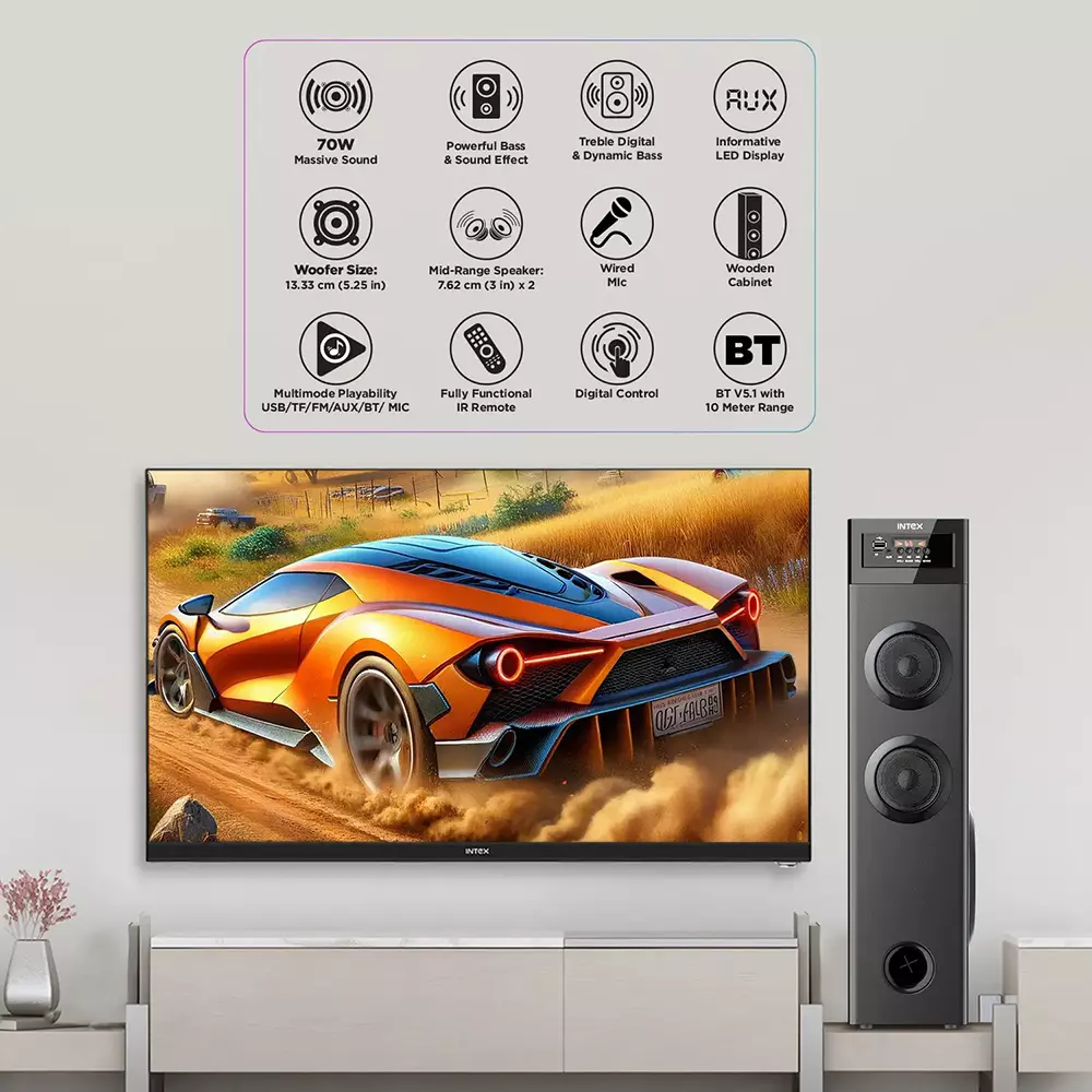 INTEX Single Tower Speaker 70 W Wireless Bluetooth Connectivity 2.1 Channel Type Black, 700 (S)