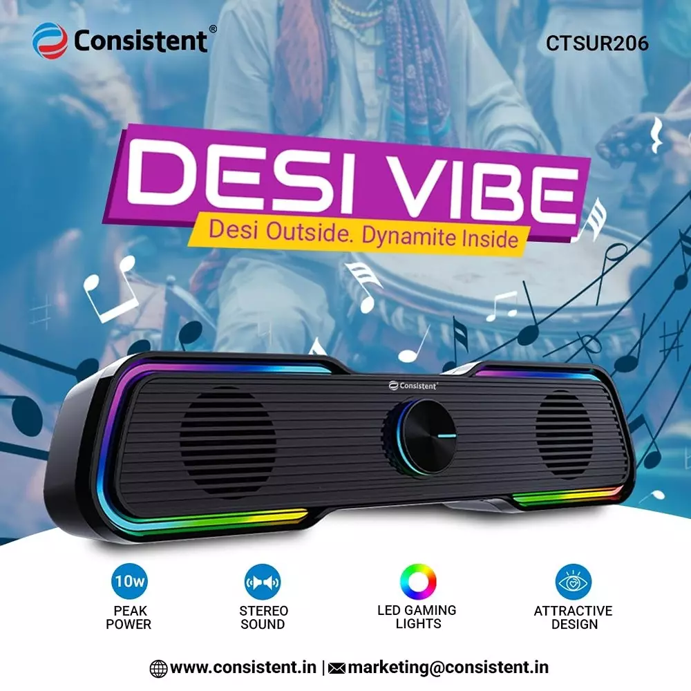 Consistent Desi Vibe Computer Speaker 10 W Output Power With RGB Gaming Lights Black