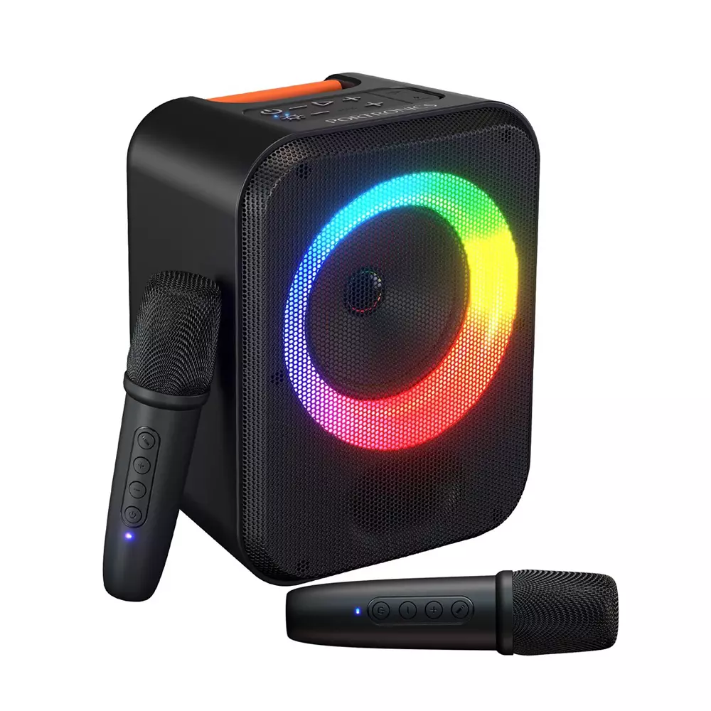 Portronics Wireless Bluetooth Portable Speaker with Dual Wireless Karaoke Mic Black 30 W Output Power 5 h Playtime, POR-3334
