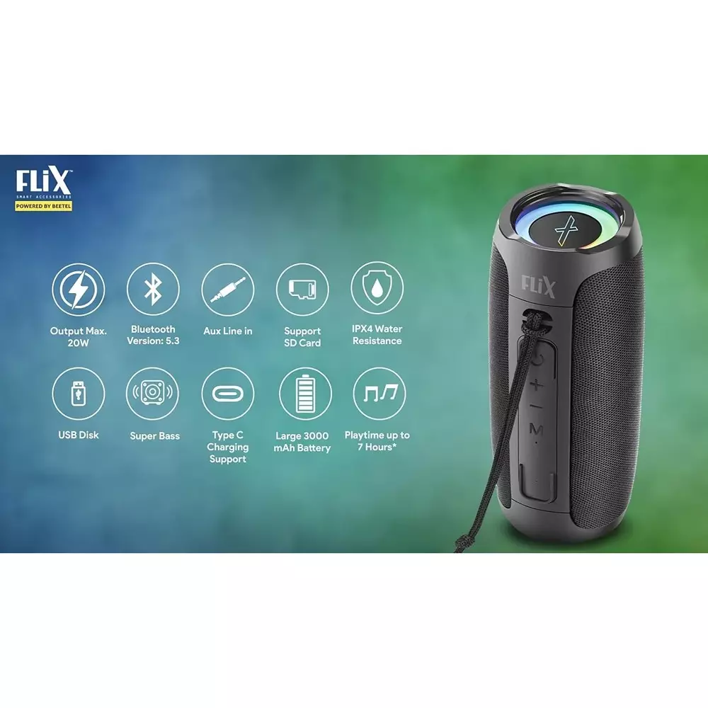 Flix Beetel Bluetooth Speaker 20 W ‎12 Hrs Type C Port 3000 mAH SD Card Upto 128GB & USB Support Black, XBS-W20