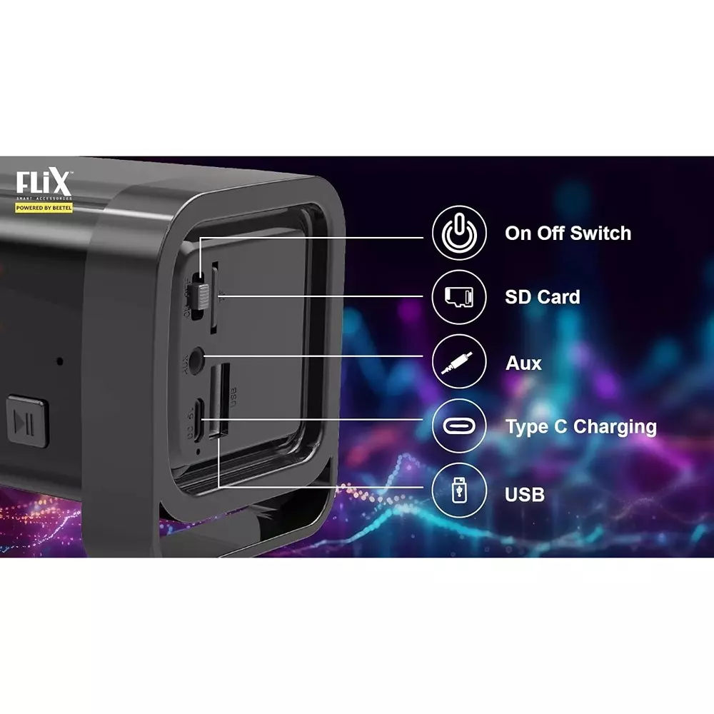 Flix Beetel Bar Mini Bluetooth Speaker 14 W Upto 7 Hrs SD Card, USB Disk, AUX, Type C Charging Black, XBS-W14
