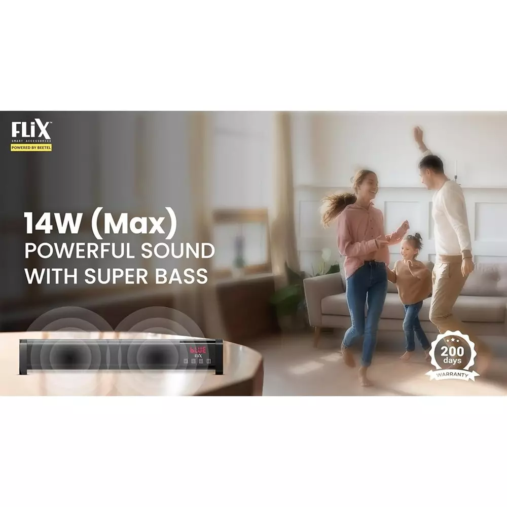 Flix Beetel Bar Mini Bluetooth Speaker 14 W Upto 7 Hrs SD Card, USB Disk, AUX, Type C Charging Black, XBS-W14