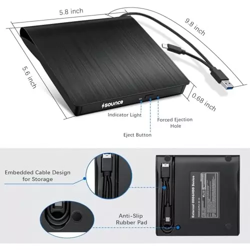 PremiumAV External DVD Drive USB 3.0 & Type-C CD/DVD Burner for Laptop, PC, MacBook, Desktop, Windows, Linux, Mac OS Black
