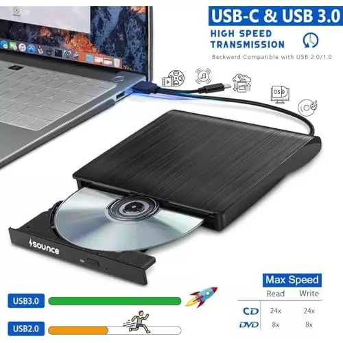 PremiumAV External DVD Drive USB 3.0 & Type-C CD/DVD Burner for Laptop, PC, MacBook, Desktop, Windows, Linux, Mac OS Black
