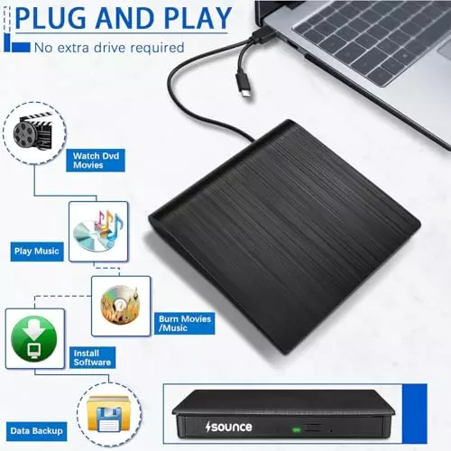 PremiumAV External DVD Drive USB 3.0 & Type-C CD/DVD Burner for Laptop, PC, MacBook, Desktop, Windows, Linux, Mac OS Black