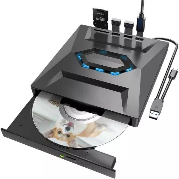 Mak World USB 3.0 & Type C External CD DVD Writer RW Optical Drive with SD/TF Card Reader Ports, USB 3.0 to C Hub for Laptop, PC - Black