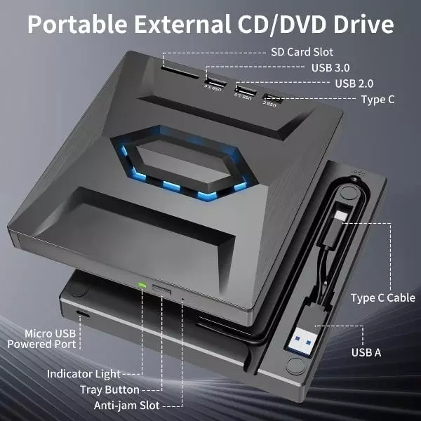 Mak World USB 3.0 & Type C External CD DVD Writer RW Optical Drive with SD/TF Card Reader Ports, USB 3.0 to C Hub for Laptop, PC - Black