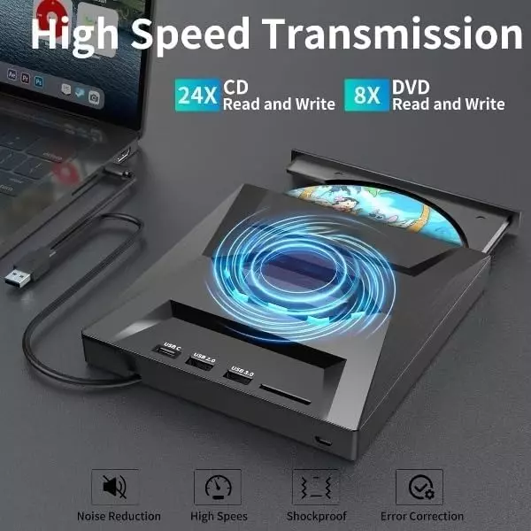 Mak World USB 3.0 & Type C External CD DVD Writer RW Optical Drive with SD/TF Card Reader Ports, USB 3.0 to C Hub for Laptop, PC - Black