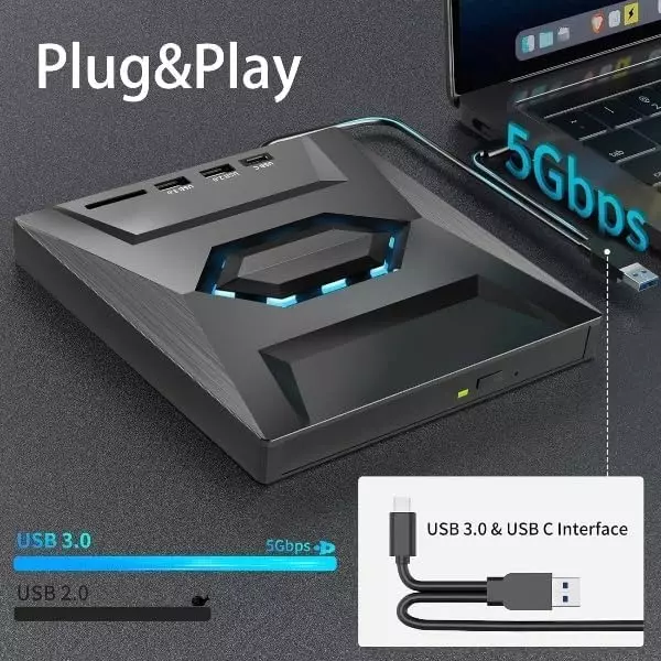 Mak World USB 3.0 & Type C External CD DVD Writer RW Optical Drive with SD/TF Card Reader Ports, USB 3.0 to C Hub for Laptop, PC - Black