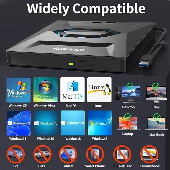 Mak World USB 3.0 & Type C External CD DVD Writer RW Optical Drive with SD/TF Card Reader Ports, USB 3.0 to C Hub for Laptop, PC - Black