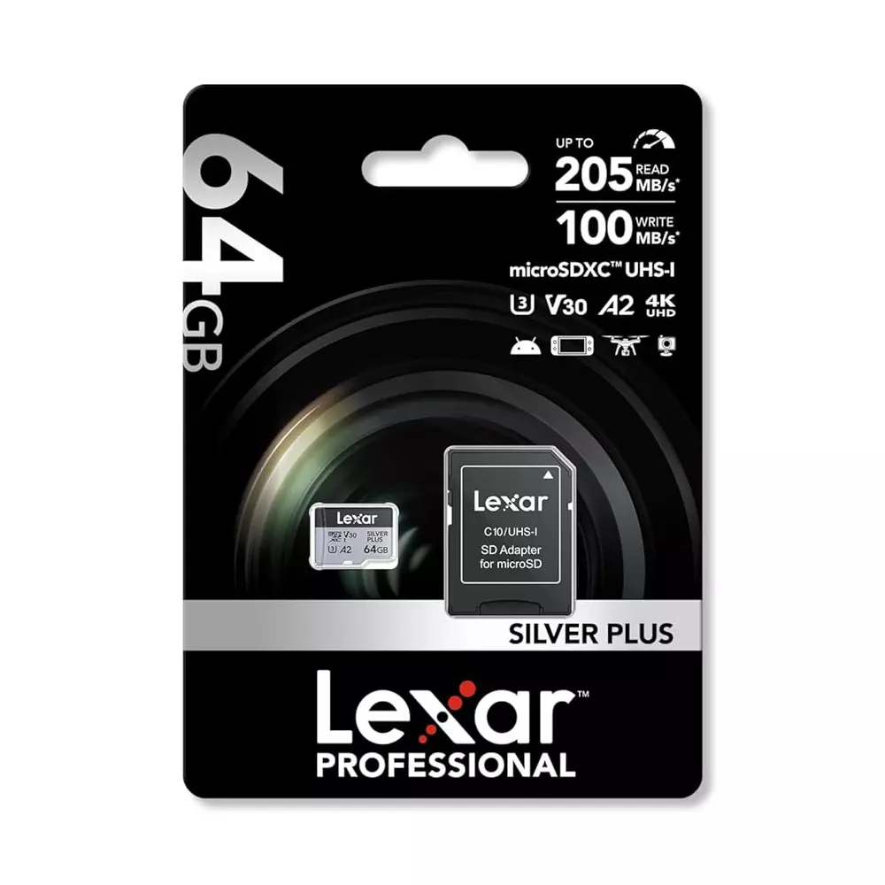 Lexar High-Performance microSDXC Memory Card 64 GB UHS-I with SD Adapter, SILVER PLUS