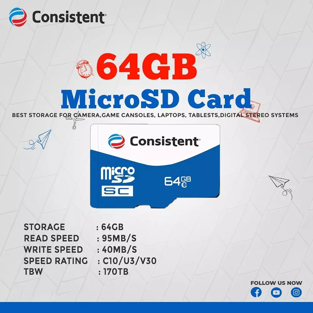Consistent Micro SD Card 64 GB Class 10 UHS-I White & Blue, CTM10064