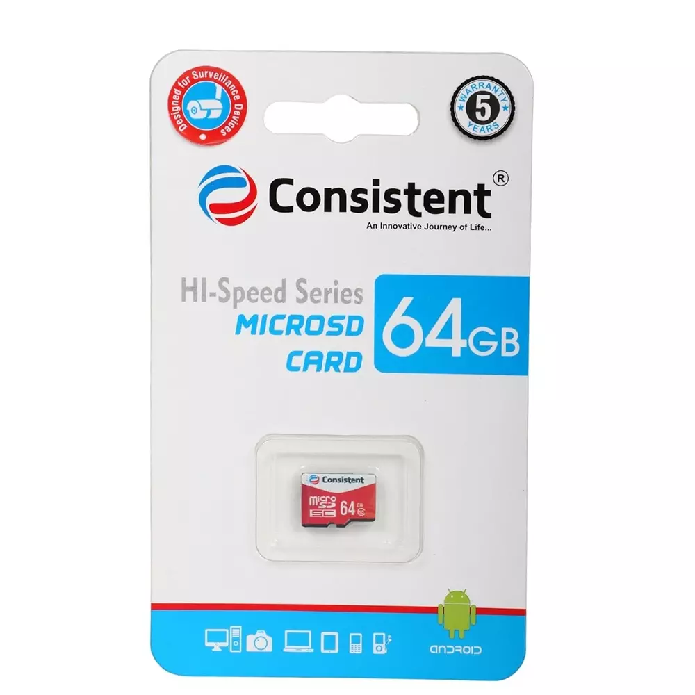 Consistent Hi-Speed Series Micro SD Card 64 GB Class 10 for Video Surveillance Camera, White & Red