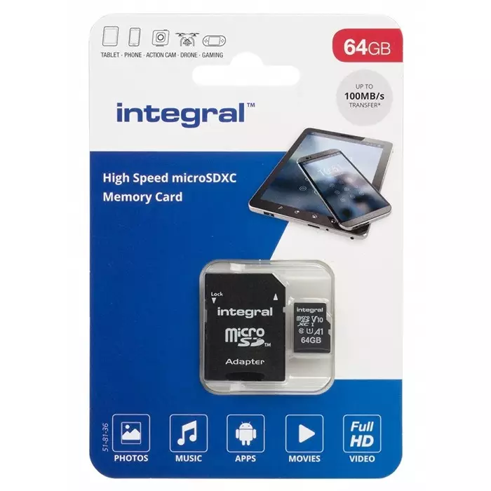 Integral Memory 64 GB MicroSDXC Micro SD Card Class 10 UHS-1 U1, INMSDX64G-100V10