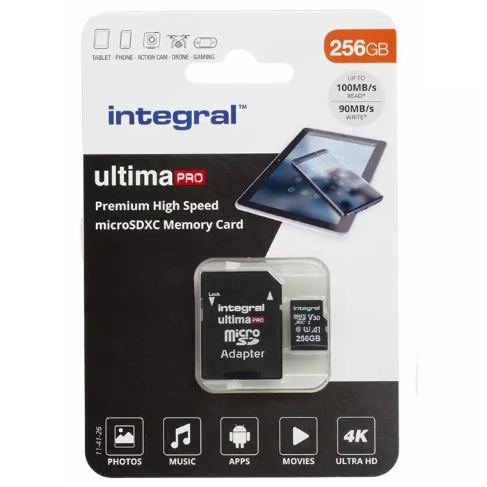 Integral Memory 256 GB MicroSDXC Micro SD Card Class 10 UHS-1 U3, INMSDX256G-100/90V30