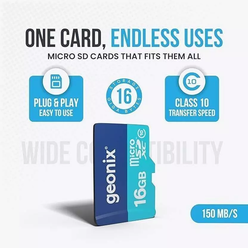 GEONIX Microsd Card 16GB Class 10 and 150 MB/s Read Speed with 5-Year Warranty, GXNSD16GB
