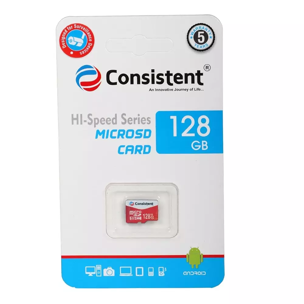 Consistent Hi-Speed Series Micro SD Card 128 GB Class 10 for Video Surveillance Camera, White & Red