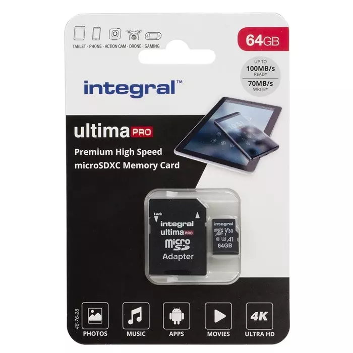Integral Memory 64 GB MicroSDXC Micro SD Card Class 10 UHS-1 U3, INMSDX64G-100/70V30