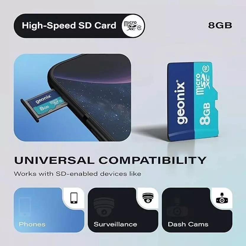 GEONIX MicroSD Card 8GB Class 10 and 150 MB/s Read Speed with 5-Year Warranty, GXNSD8GB