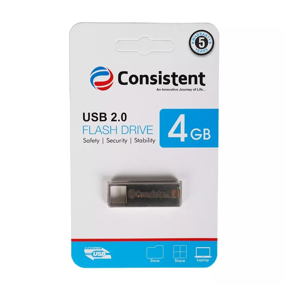 Consistent USB 2.0 Flash Drive 4 GB Grey Supports Windows, Mac and Linux, CTP10004
