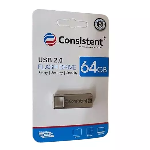 Consistent USB 2.0 Flash Drive 64 GB Grey Supports Windows, Mac and Linux, CTP10004