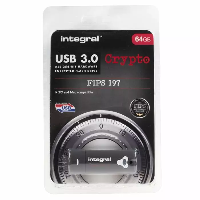 Integral Memory Crypto 64 GB USB 3.0 Hardware Encrypted Flash Drive, INFD64GCRY3.0197