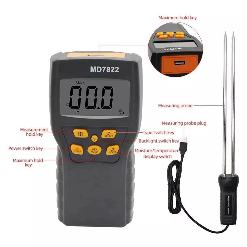 KERRO Grain Moisture Meter Pin Type with LCD Display, 40 mm Measurement Depth and 8-20% Range, MD7822