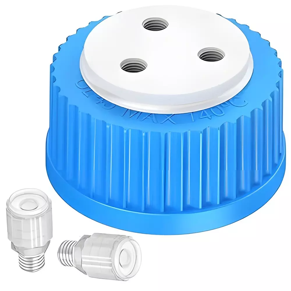 Bysafe GL45 HPLC Bottle Safety Cap 3 Ports for 1/8 inch (3.1 mm) OD Tubing, with Three 1/4 inch (6.35 mm) - 28 Thread Insert Holes for Glass Bottles, 4R-ISRW-RB3W